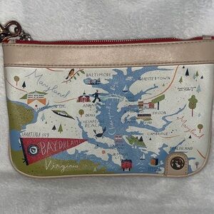 Map Print Clutch with Red and Tan Accents